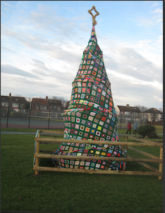 This amazing sustainable Yarn Christmas Tree would look good anywhere. It was made by members of the community, put up on a windy day, blown down by storm Arwen and put up again. It was made by members of the local community to encourage inclusion, engagement and community friendship. Anyone wishing to be involved in future projects should contact Community Stepping Stones.
